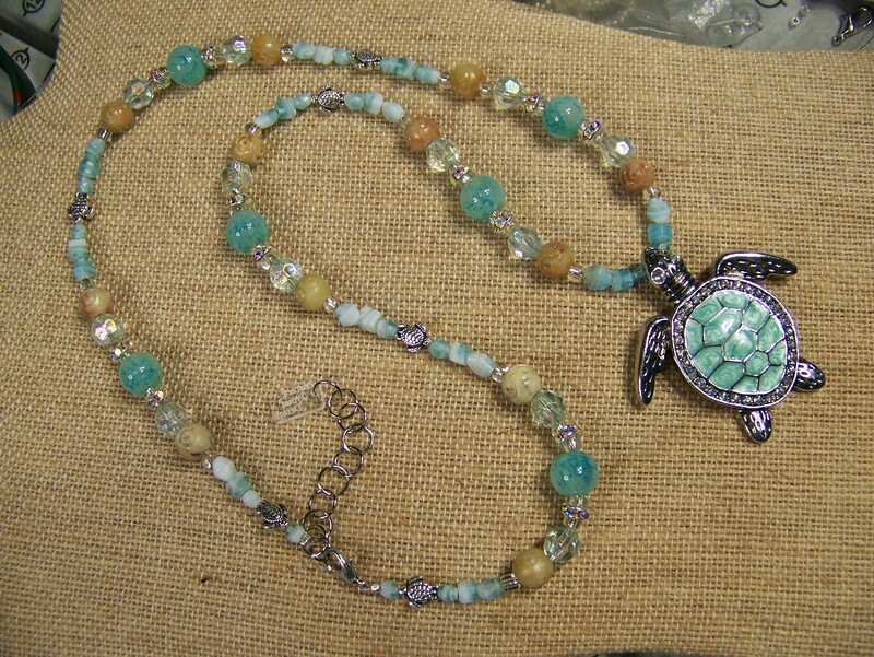 24 " Green silver and tan sea turtle pendant necklace #219